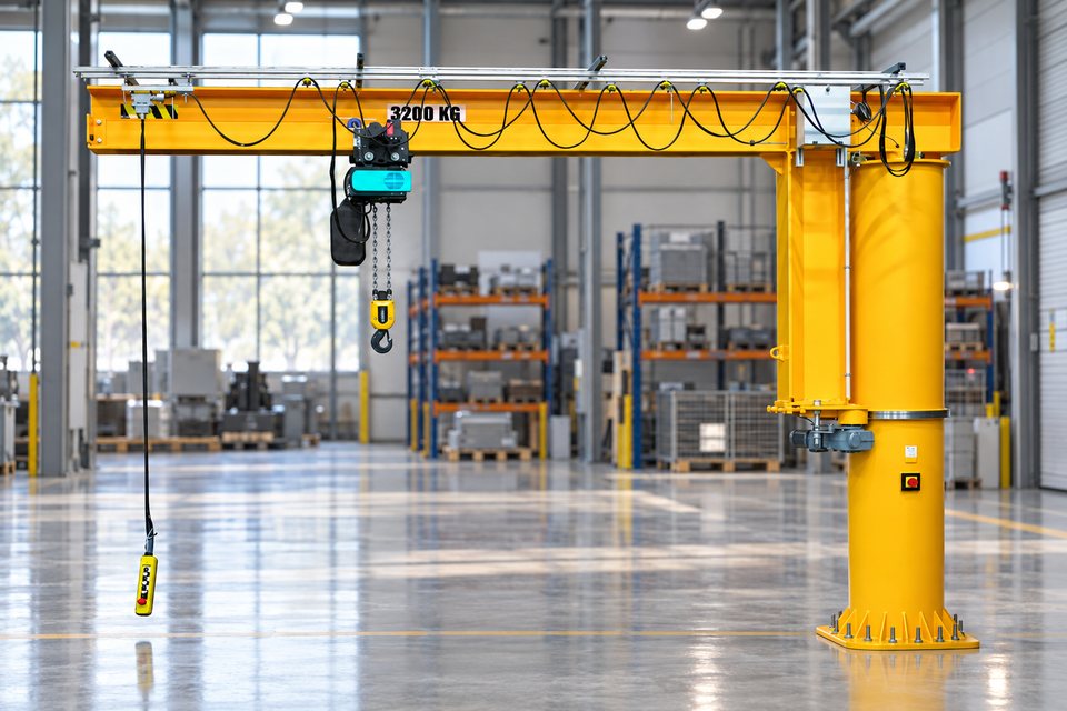 Comege RSD pilna pagrieziena kolonnas konsolceltnis ar elektrisko ķēdes telferi ražošanas hallē